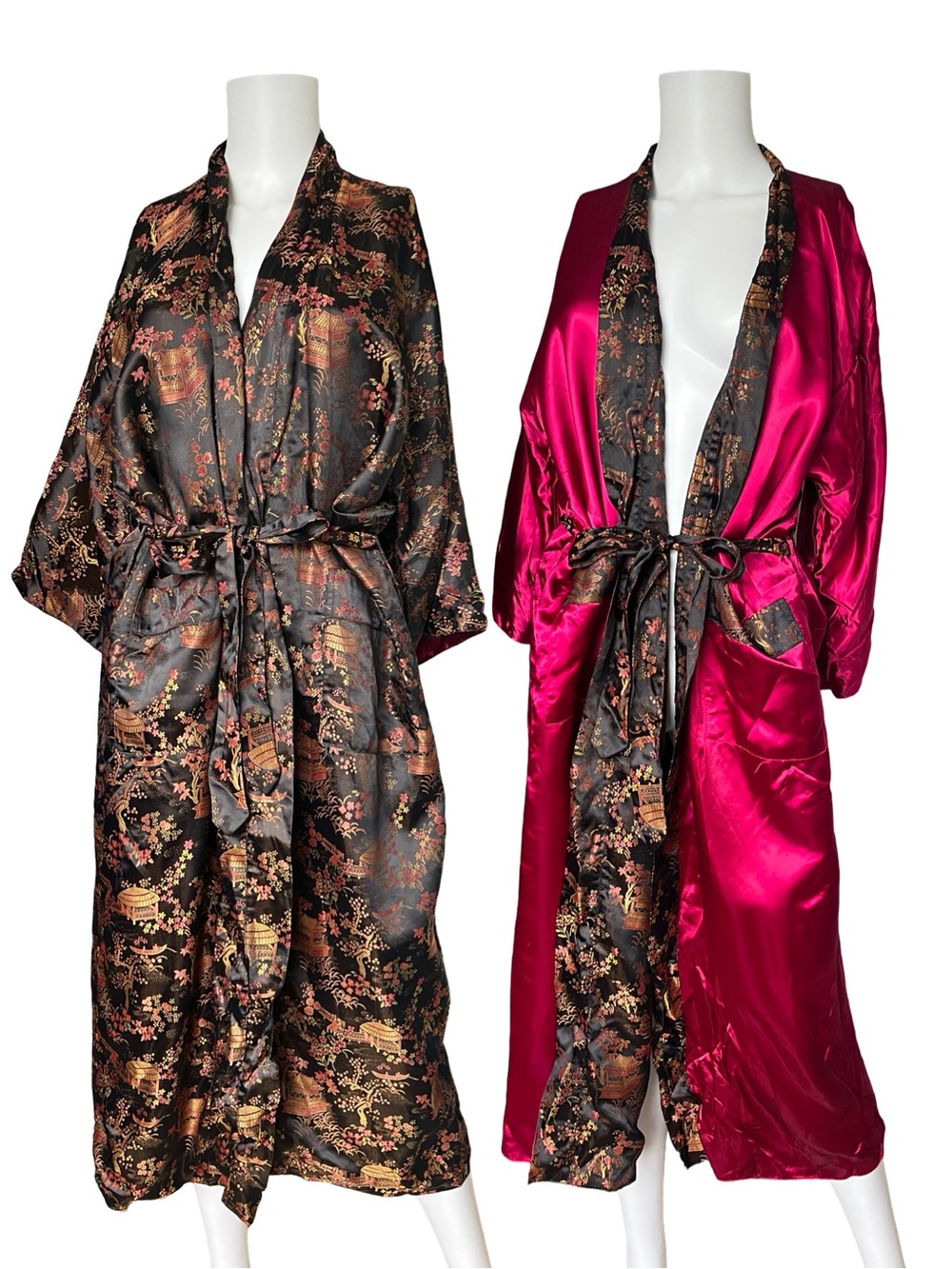 Vintage Health Reversible Satin Brocade Robe Black Fuchsia Rayon
